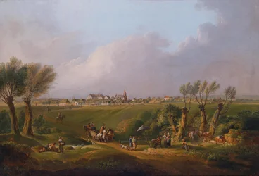 Motif from the Marchfeld with the Village of Ebenthal in the Background, the Painter at the Easel in the Foreground